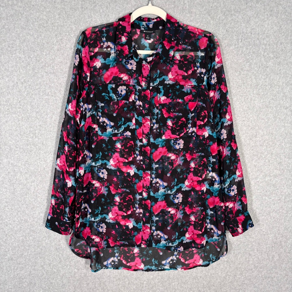 Sheer Floral Watercolor Top‎ Medium Pink Blue Tunic Blouse Abstract Maximalist